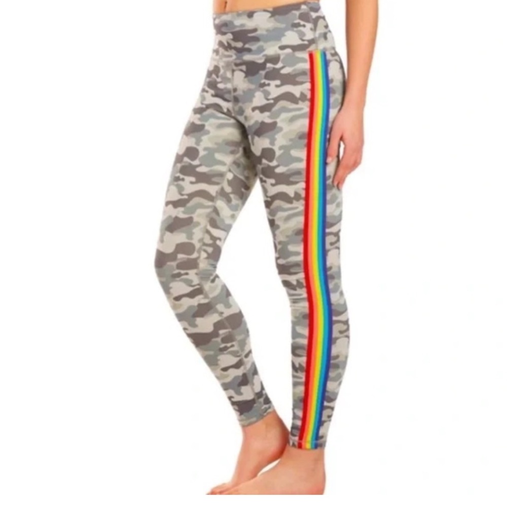 Spiritual Gangster camouflage leggings with rainbow stripes